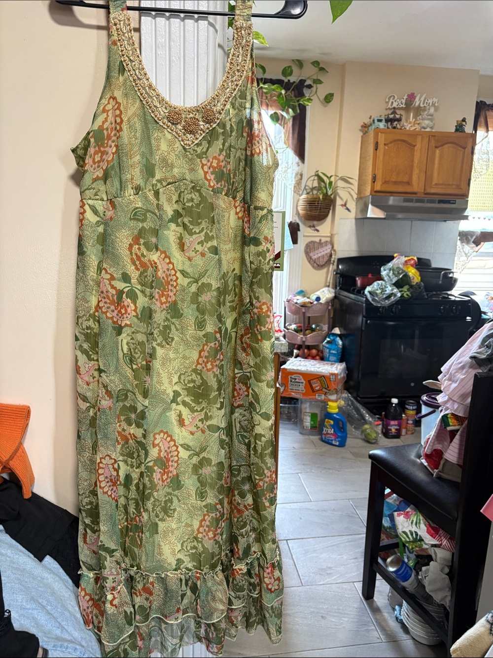 Beaded Neckline Floral Maxi Chemise in Sage Green